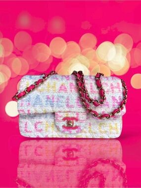 🆕💕"CHANEL" Logo Multicolor Tweed Mini Flap Hot Pink Leather Int. Gold Metal. NWT